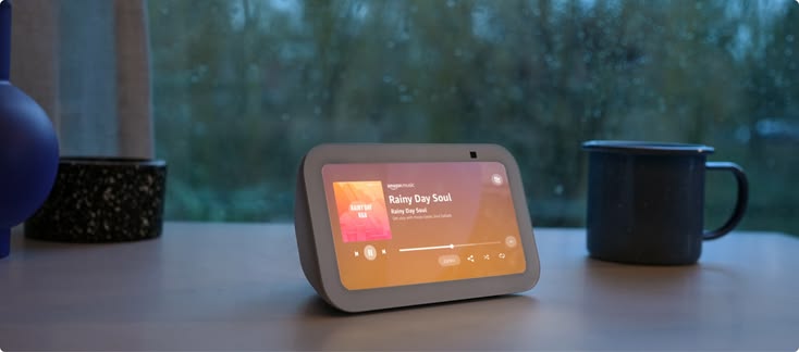 amazon echo show 5 (latest model) smart display with alexa, 2x bass speaker, clearer sound, camera for home monitoring, bluetooth cloud blue